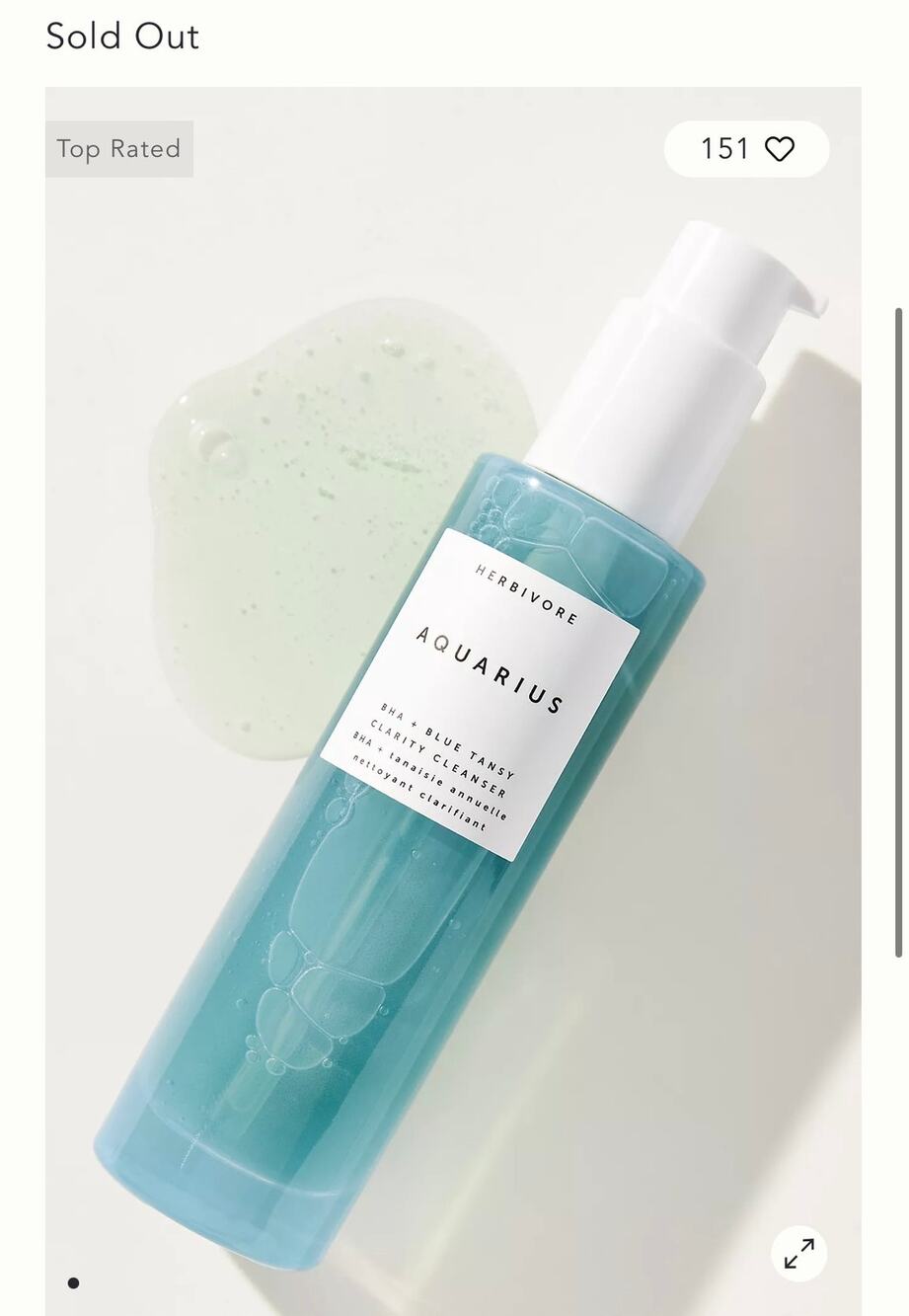 NEW Herbivore AQUARIUS BHA + Blue Tansy Clarity Cleanser BHA 100 ml 3.3 fl oz